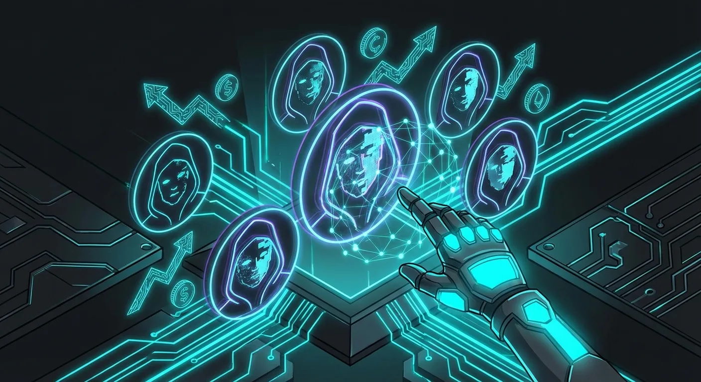 AI-generated influencer avatar with dollar signs and warning symbols, illustrating monetization risks and dangers