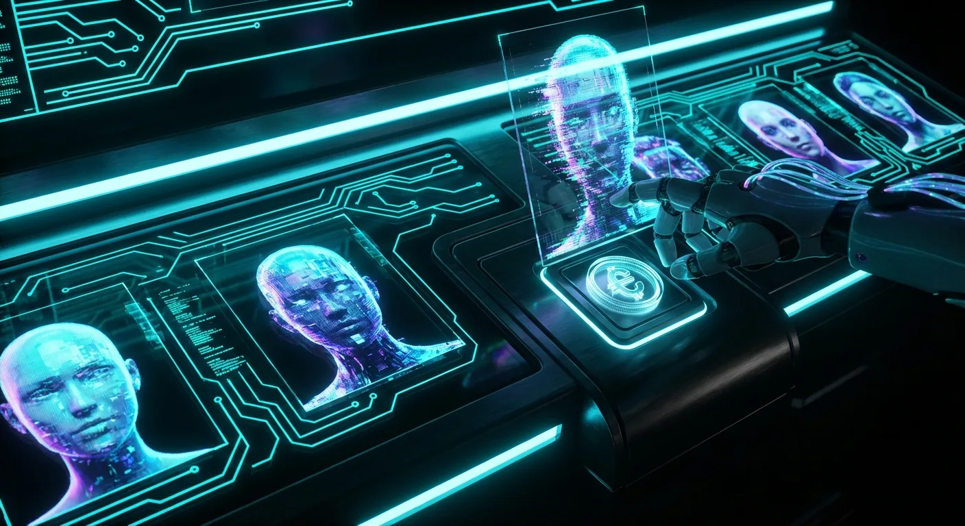 AI-generated influencer avatar with dollar signs and warning symbols representing monetization risks and dangers