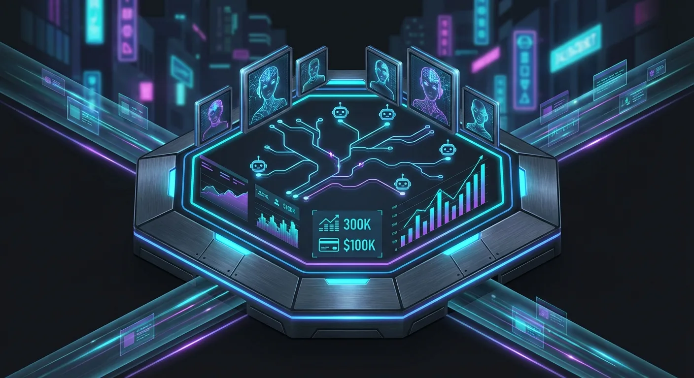 AI influencer profile showing follower count of 300K and monthly earnings dashboard displaying $100K revenue metrics