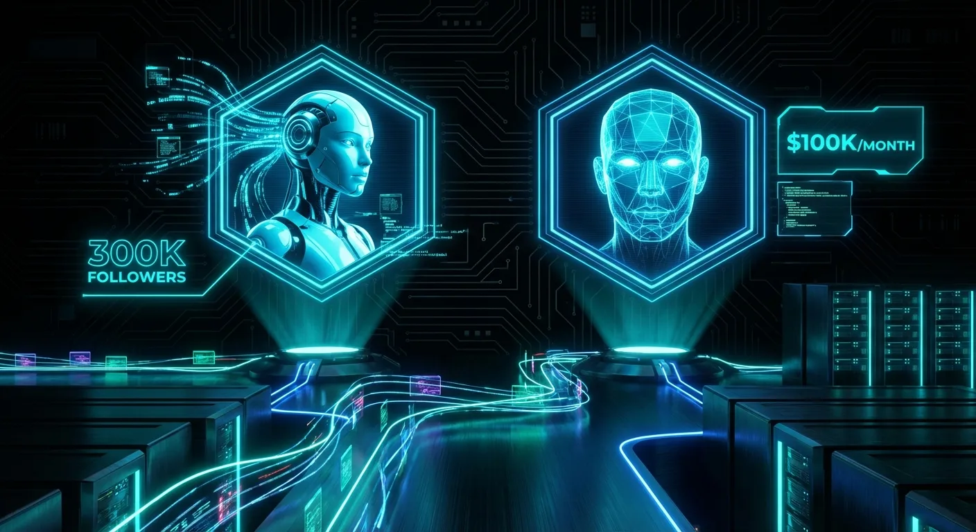 AI influencer avatar on smartphone screen with follower count and dollar signs representing high earnings and social media...