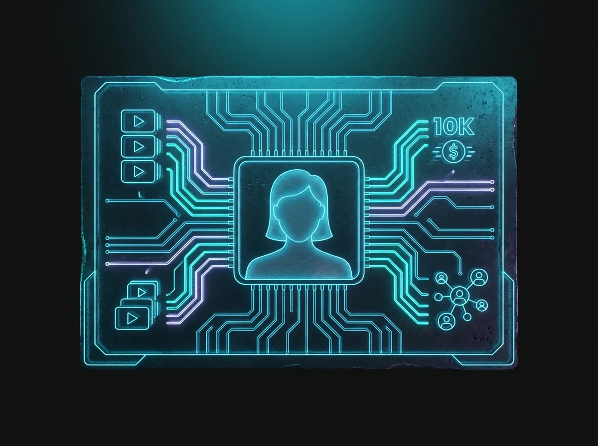 AI influencer creating short-form video content with analytics dashboard showing $10K monthly revenue growth