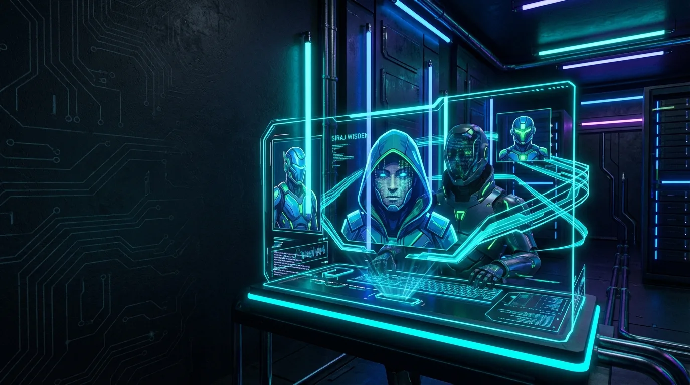 AI influencer creating short-form video content on laptop with dollar signs and growth charts, representing $10K monthly i...