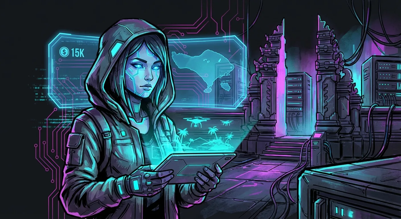 AI travel influencer creating content on laptop at beachside cafe in Bali with tropical backdrop and camera equipment