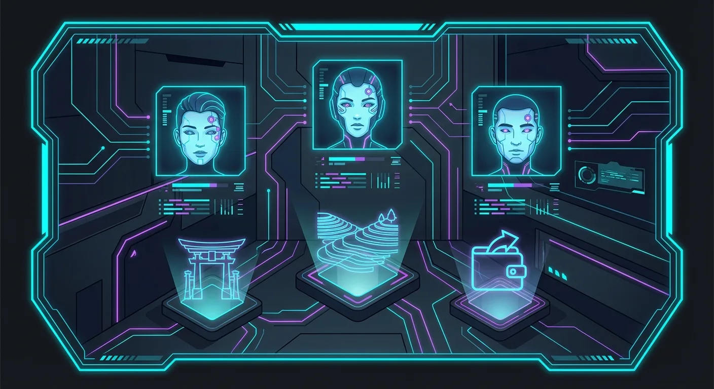 AI travel influencer creating content on laptop with tropical Bali beach and palm trees in background